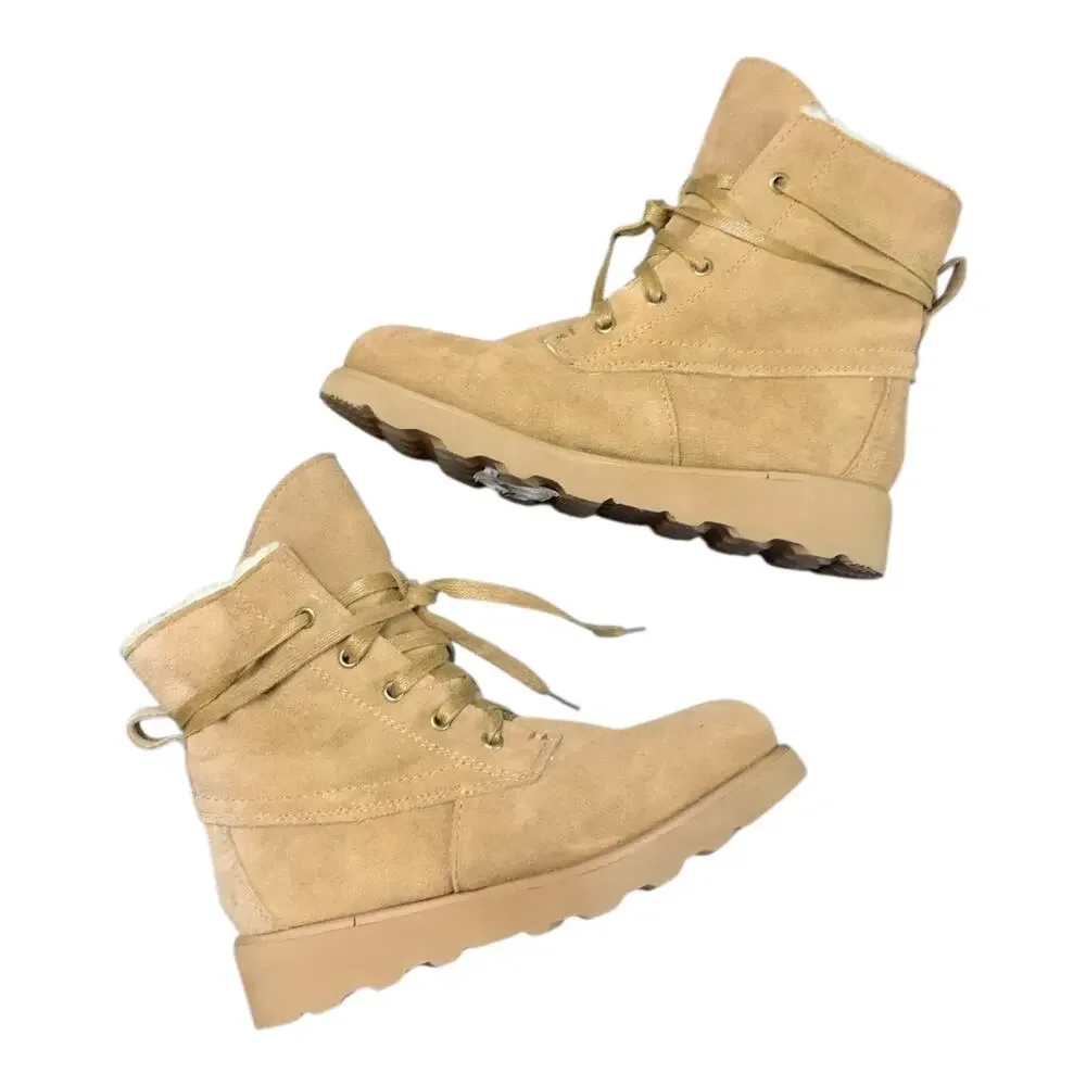 Bearpaw Krista Youth Boots Tan Suede Wool Lined Lace Up Size 4 EU 34
